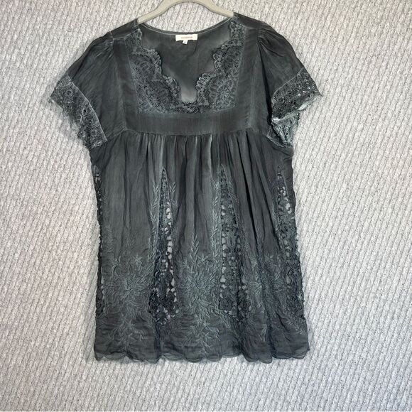 Sundance M Knit Lace Short Sleeve Top Blouse Tunic Sun Washed Grey Lightweight - Picture 12 of 16
